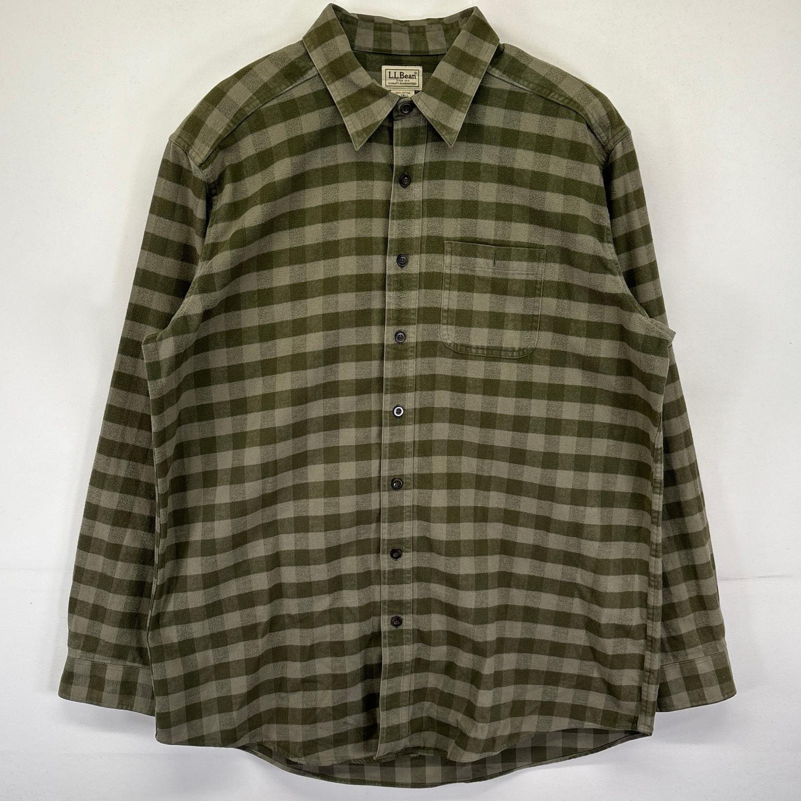 古着 エルエルビーン L.L.Bean 長袖シャツ ネルシャツ チェック柄 シャモアシャツ アウトドア 胸ポケット 無地 L グリーン系 メンズ
