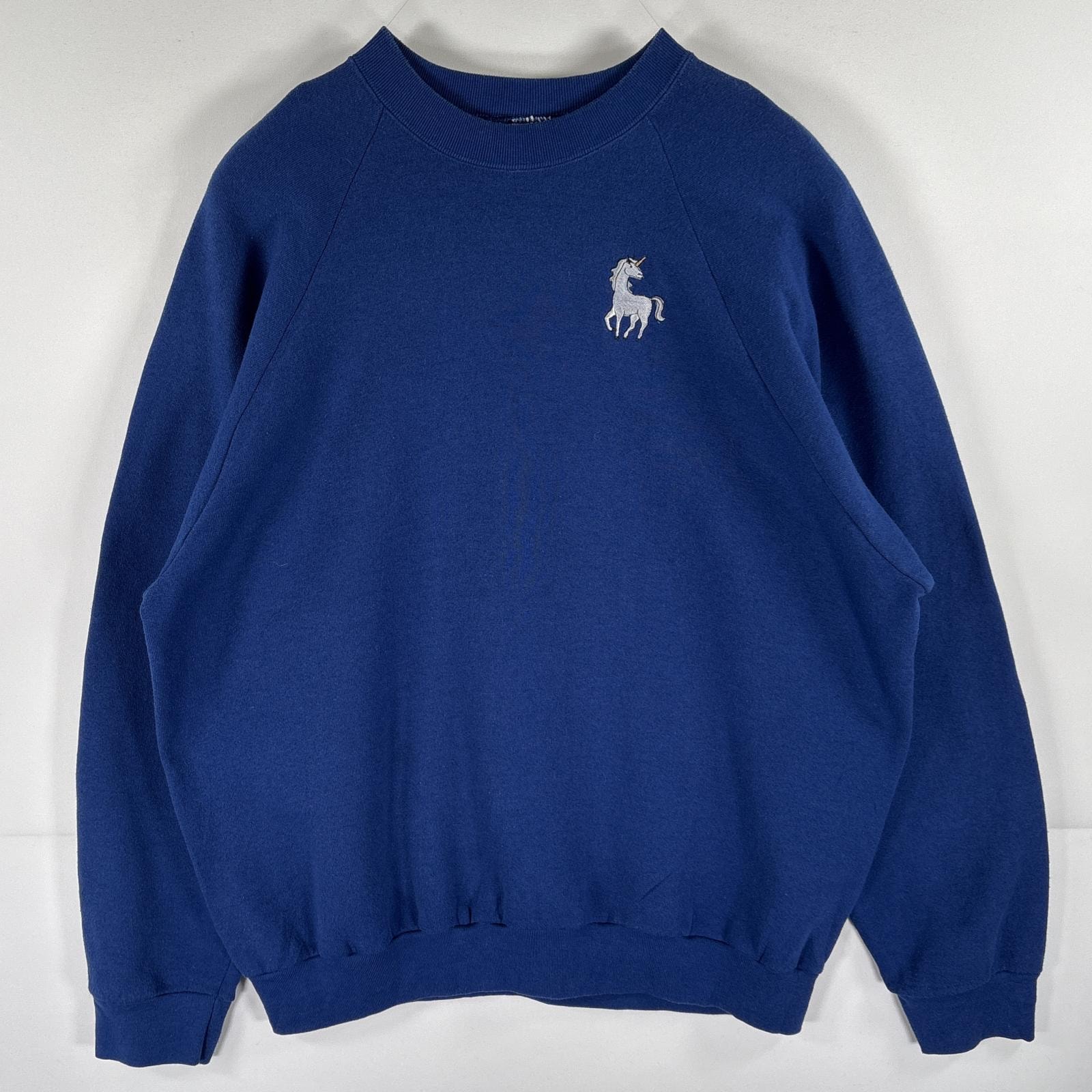 古着 90's/90年代 フルーツオブザルーム FRUIT OF THE LOOM USA製 スウェット トレーナー ラグラン 大きいサイズ ユニコーン 刺繍 14041  ブルー メンズ