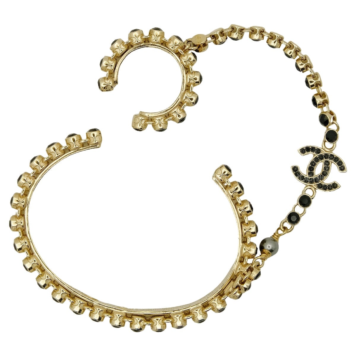 【渋谷並木橋店】CHANEL シャネル バングル リング ココマーク ラインストーン フィンガーブレス 黒 (ブラック) メタルストラス シャンパンゴールド金具 AB7144 新品未使用