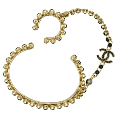 【渋谷並木橋店】CHANEL シャネル バングル リング ココマーク ラインストーン フィンガーブレス 黒 (ブラック) メタルストラス シャンパンゴールド金具 AB7144 新品未使用