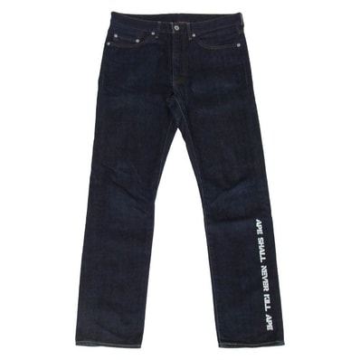 A BATHING APE アベイシングエイプ 001DP0701021X バックポケット カレッジ ロゴ プリント インディゴ ストレート デニム パンツ インディゴブルー系 M【中古】