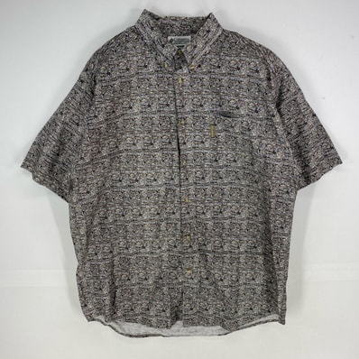 古着 コロンビア Columbia 半袖シャツ アウトドア フィッシュ ボタンダウン ショートスリーブ XL ブラック系 総柄 メンズ