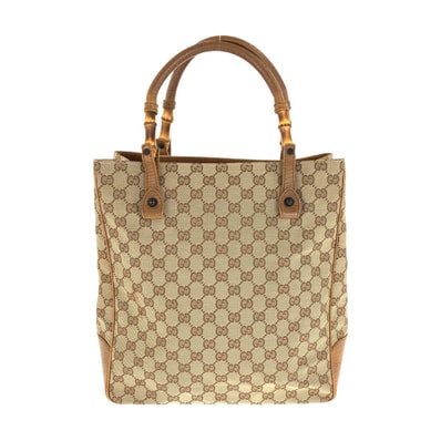 美品 GUCCI グッチ バンブー ベージュ キャメル GGキャンバス レザー/ トートバッグ ショルダーバッグ 600964 【中古】