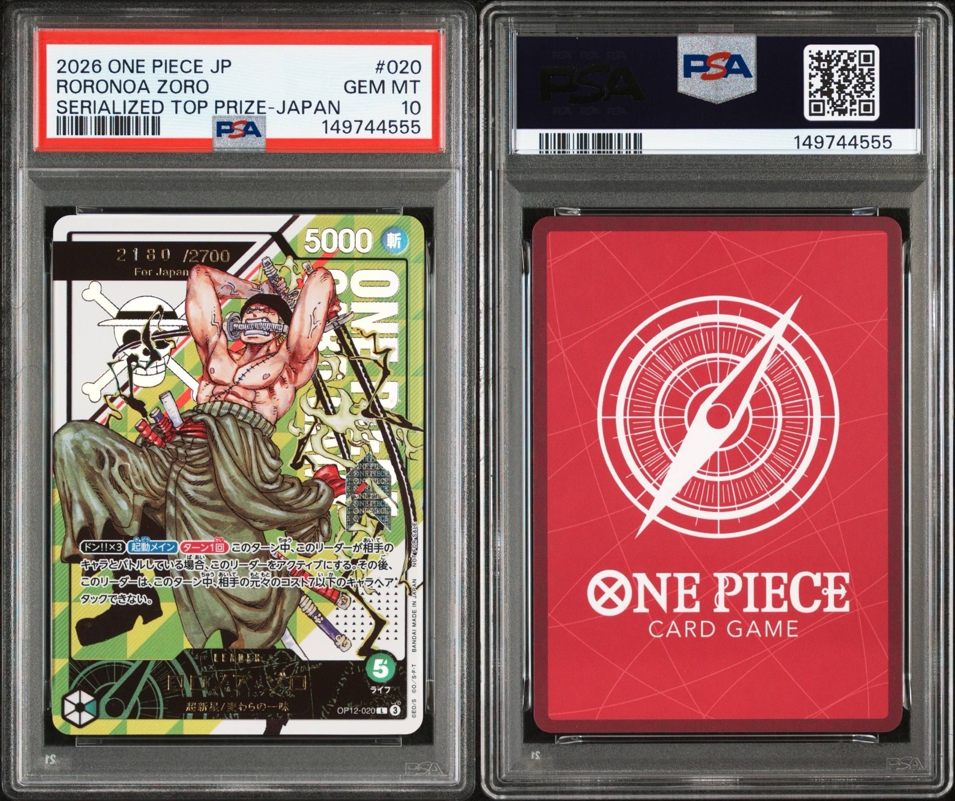 PSA 10]Roronoa Zoro : L :Serial Numbered :Winner Prize :Opened