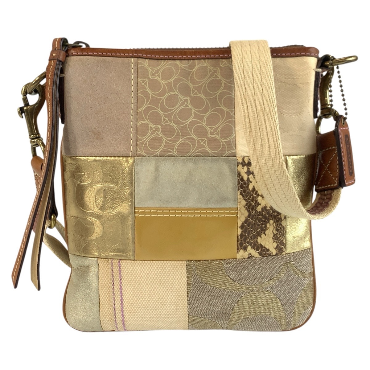 COACH コーチ パッチワーク ベージュ ブラウン キャンバス レザー/ ショルダーバッグ ポシェット 603492 【中古】
