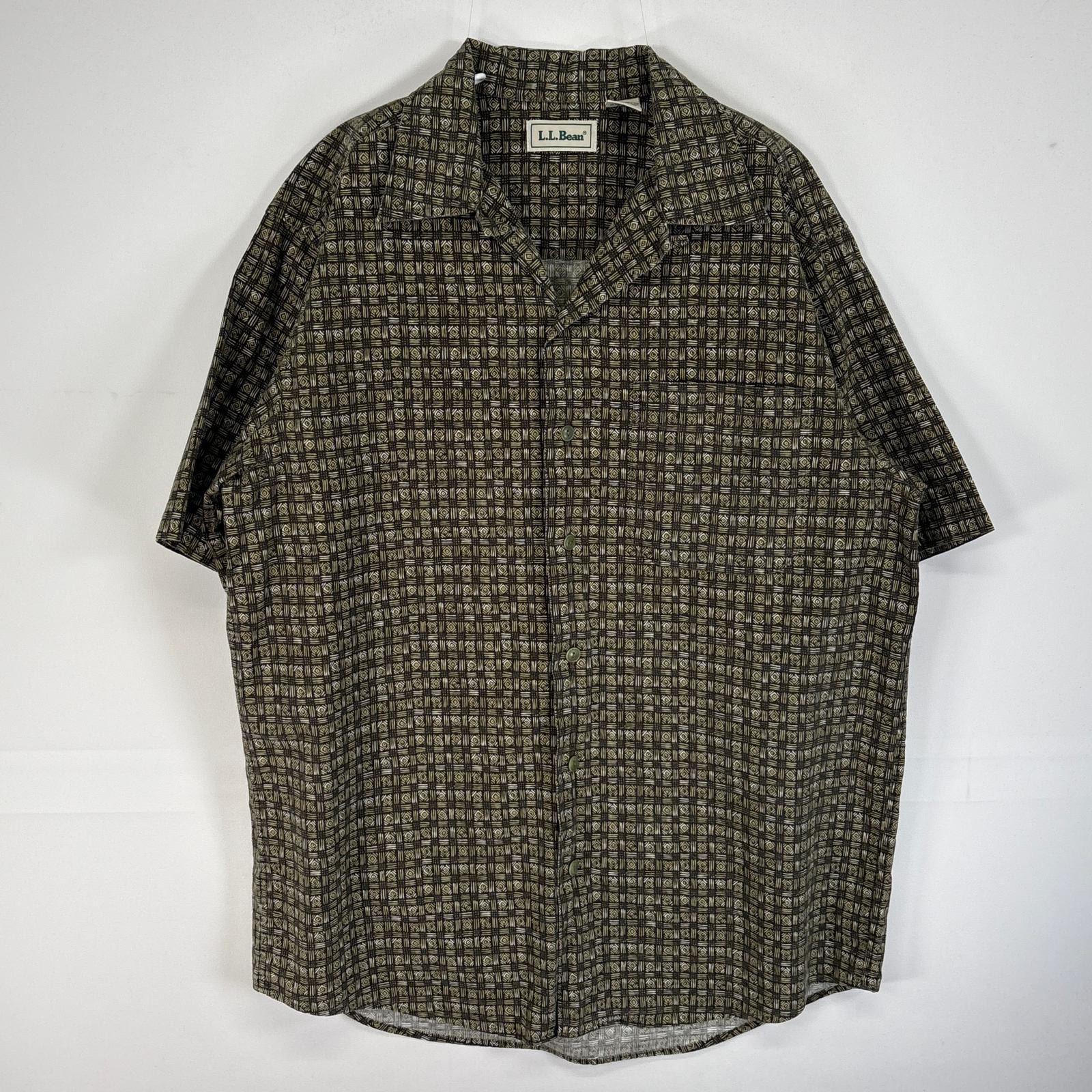 古着 90's/90年代 エルエルビーン L.L.Bean 半袖シャツ オープンカラー 胸ポケ S グリーン系 総柄 メンズ