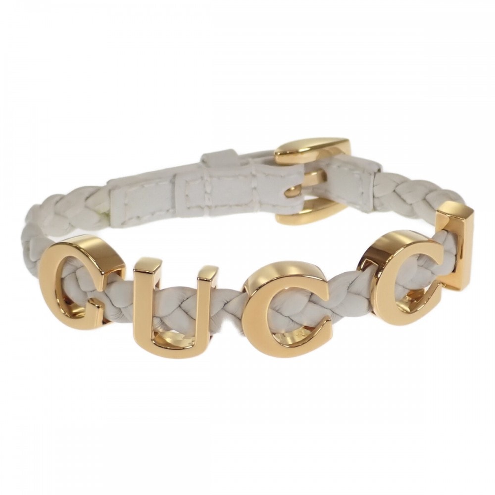 グッチ GUCCI 編み込み 684631_IAAA1_8078 ブレスレット レザー ホワイト ゴールド サイズS レディース【中古】【Aランク】