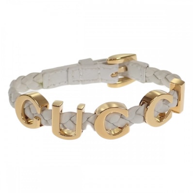 グッチ GUCCI 編み込み 684631_IAAA1_8078 ブレスレット レザー ホワイト ゴールド サイズS レディース【中古】【Aランク】