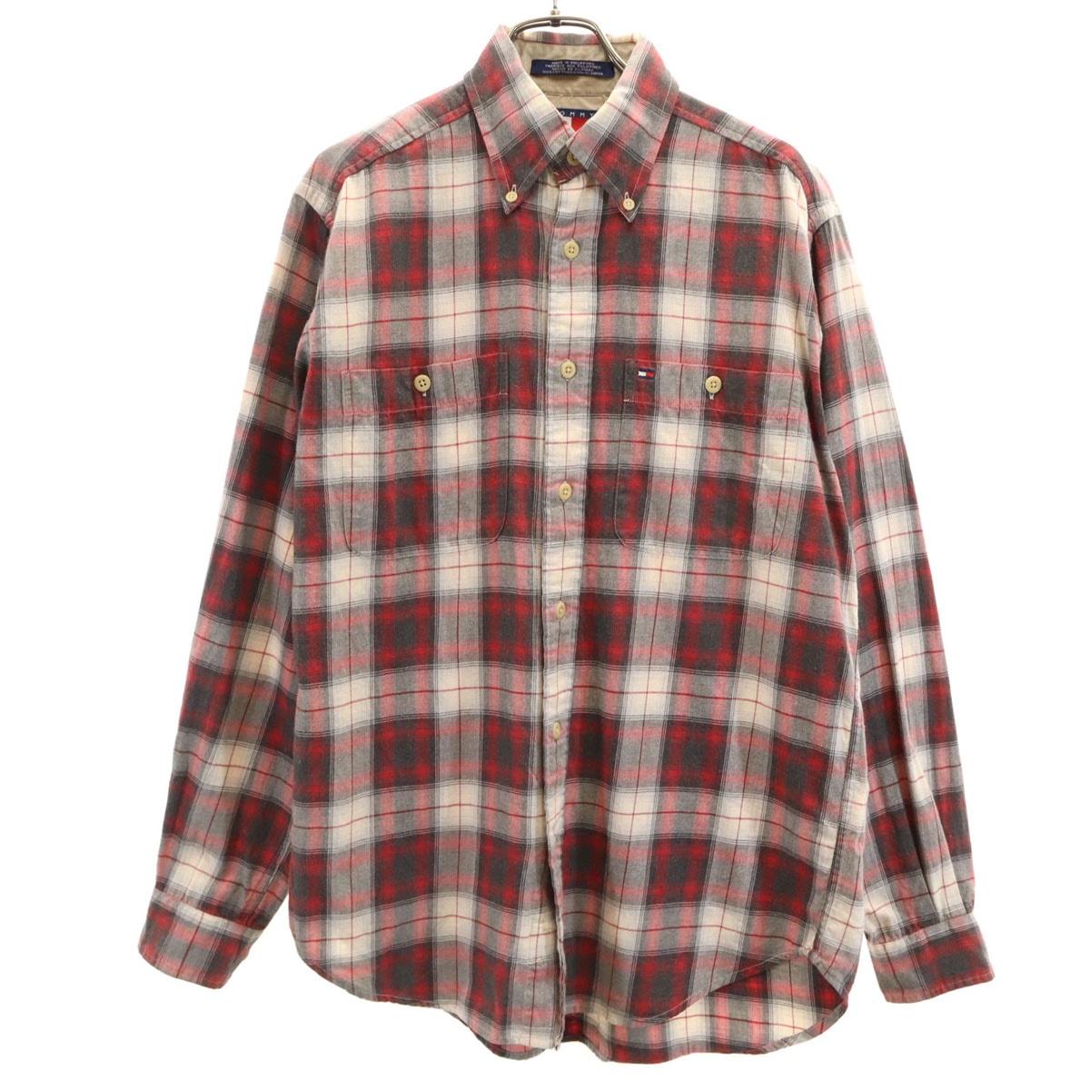 TOMMY HILFIGER トミーヒルフィガー 90s オールド チェック柄 長袖 ボタンダウンシャツ S レッド系