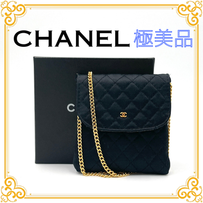 ■極美品■ CHANEL シャネル ミニミニマトラッセ ココマーク ブラック ポーチ 黒 サテン ブラック ゴールド チェーン 小物入れ 化粧ポーチ