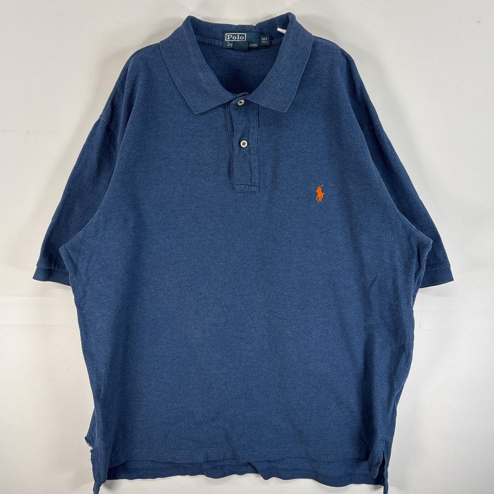 古着 90's/90年代 ポロバイラルフローレン Polo by Ralph Lauren 鹿の子 半袖 ポロシャツ ワンポイント ロゴ 刺繍 大きいサイズ 2ボタン XLT  ブルー系 無地 メンズ