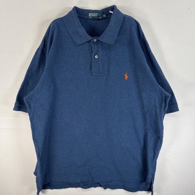 古着 90's/90年代 ポロバイラルフローレン Polo by Ralph Lauren 鹿の子 半袖 ポロシャツ ワンポイント ロゴ 刺繍 大きいサイズ 2ボタン XLT ブルー系 無地 メンズ
