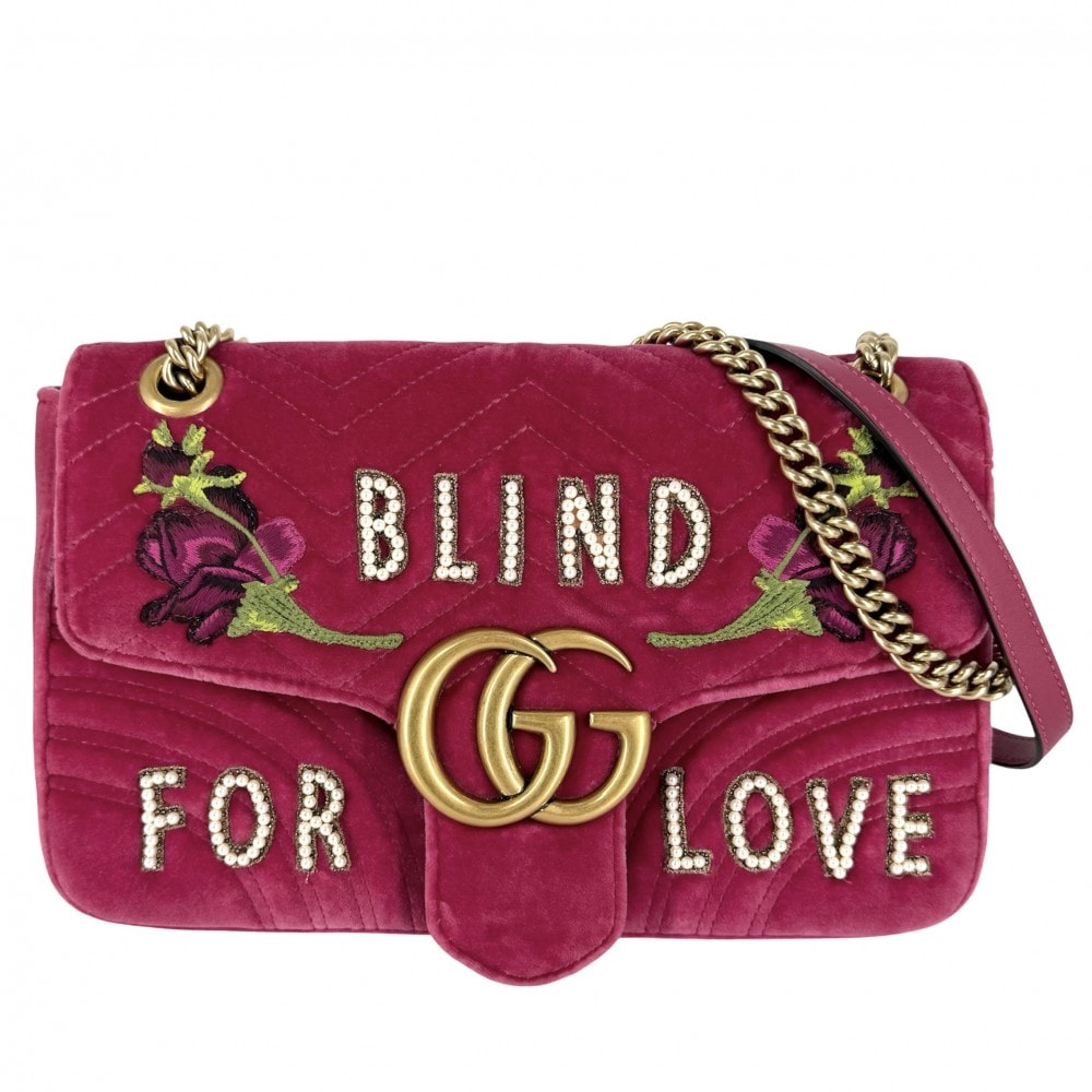 GUCCI グッチ ショルダーバッグ GGマーモント キルティング チェーン 肩掛け 斜め掛け 刺繍 443496 ベロア レザー ピンク ゴールド金具 レディース【中古品】
