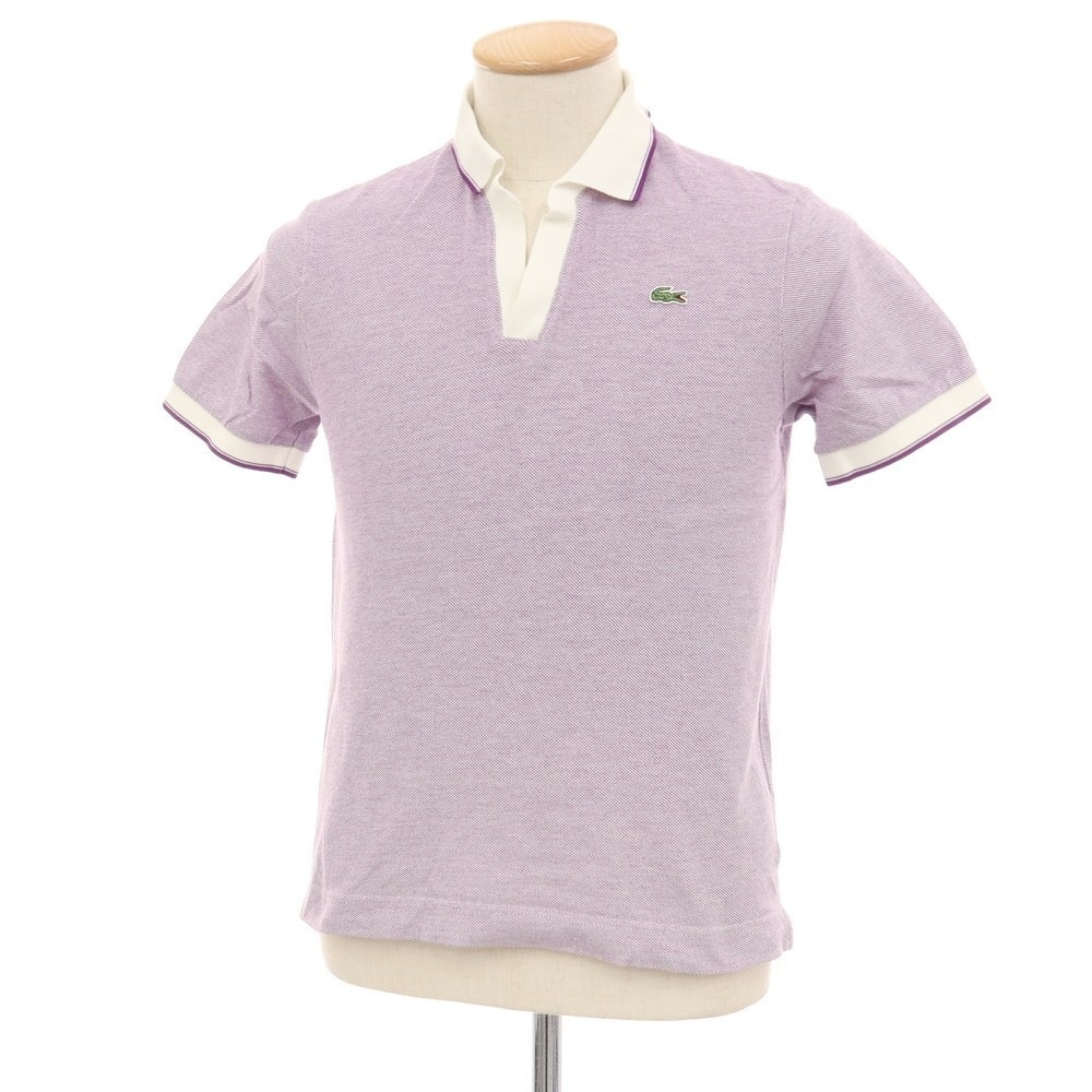 【中古】ラコステ LACOSTE コットン 鹿の子 スキッパー 半袖ポロシャツ パープルxホワイト【サイズ2】【メンズ】