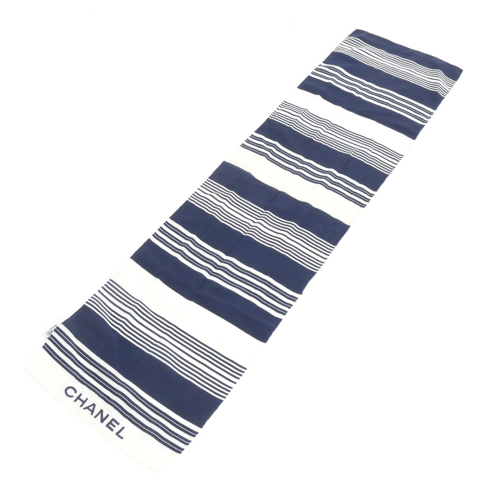 シャネル シルク 100% 絹 ストライプ ボーダースカーフ