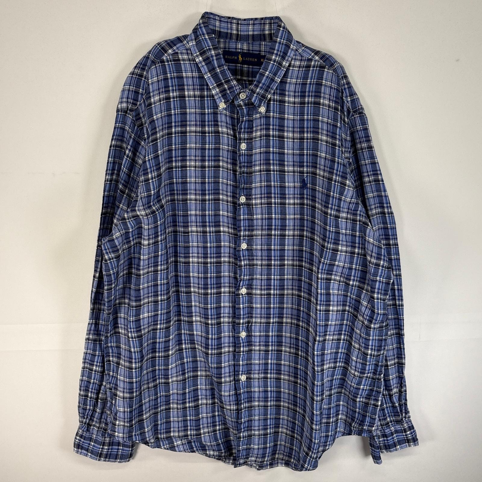 古着 ラルフローレン RALPH LAUREN 長袖シャツ ロゴ 刺繍 大きいサイズ チェック リネン XL  ネイビー系 マルチカラー メンズ