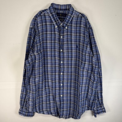 古着 ラルフローレン RALPH LAUREN 長袖シャツ ロゴ 刺繍 大きいサイズ チェック リネン XL ネイビー系 マルチカラー メンズ