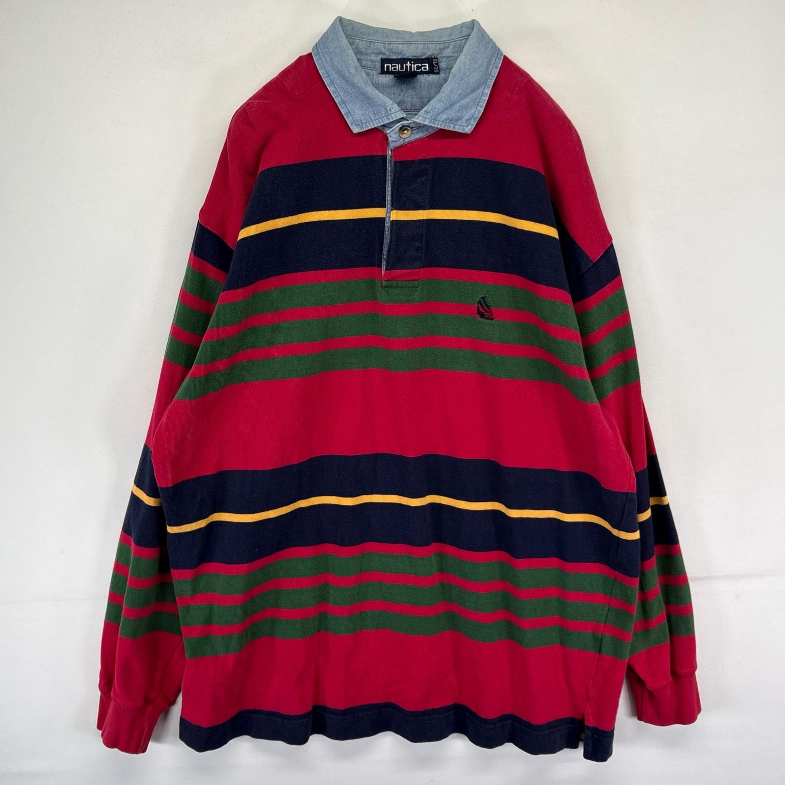 古着 90's/90年代 ノーティカ NAUTICA 長袖シャツ ラガーシャツ ワンポイントロゴ ワンポイントロゴ XL マルチカラー ボーダー メンズ