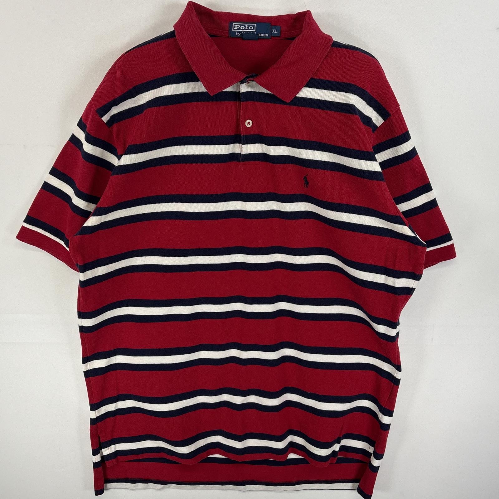 古着 90's/90年代 ポロバイラルフローレン Polo by Ralph Lauren ポロシャツ ワンポイント ロゴ 刺繍 マルチボーダー 大きいサイズ XL  レッド系 マルチカラー メンズ