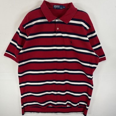 古着 90's/90年代 ポロバイラルフローレン Polo by Ralph Lauren ポロシャツ ワンポイント ロゴ 刺繍 マルチボーダー 大きいサイズ XL レッド系 マルチカラー メンズ