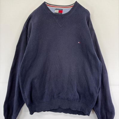古着 トミーヒルフィガー TOMMY HILFIGER ニット ロゴ セーター コットン ワンポイント 刺繍 大きいサイズ 2XL ネイビー メンズ