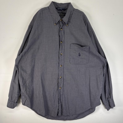 古着 90's/90年代 ノーティカ NAUTICA 長袖シャツ ロゴ 刺繍 大きいサイズ ボタンダウン XL ネイビー チェック メンズ