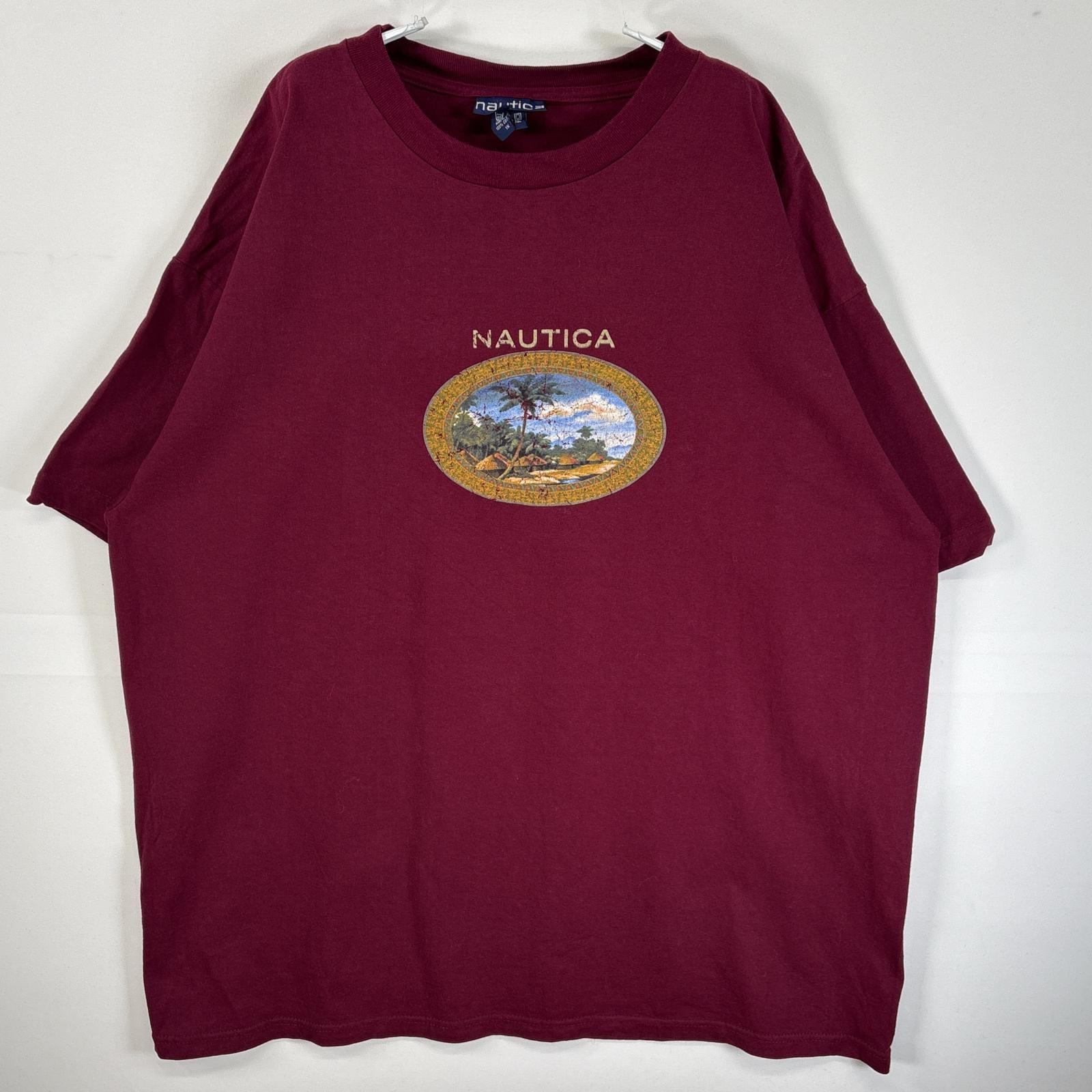 古着 90's/90年代 ノーティカ NAUTICA 半袖Tシャツ USA製 ラバープリント 小文字タグ 1X  ワインレッド メンズ