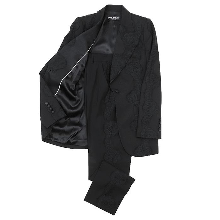 【極美品】DOLCE&GABBANA ドルチェアンドガッバーナ セットアップ タキシード サイズ 40 レディース 花柄 レース コンビネーション ジャケット 1B スラックス ストレッチ 礼服 スーツ ブラック 黒 イタリア製