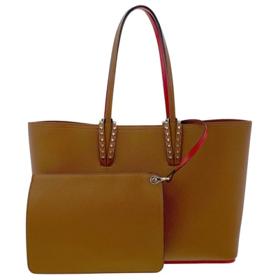 Christian Louboutin クリスチャンルブタン Cabata small カバタ スモール スタッズ トートバッグ 1185119 カーフ レザー ブラウン ゴールド 金具 レッド ユニセックス【中古】