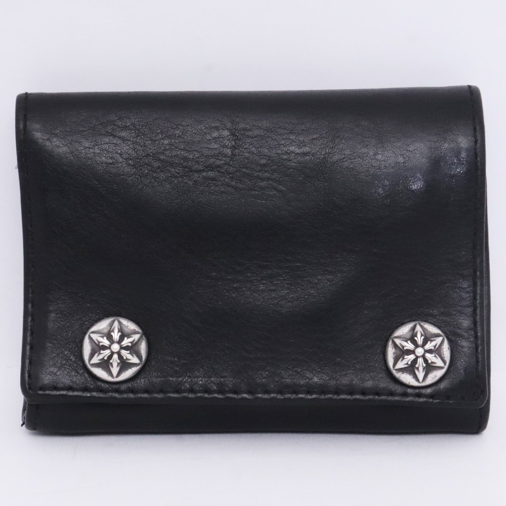 クロムハーツ 3フォールド スターボタンレザー コンパクトウォレット "ブラック"