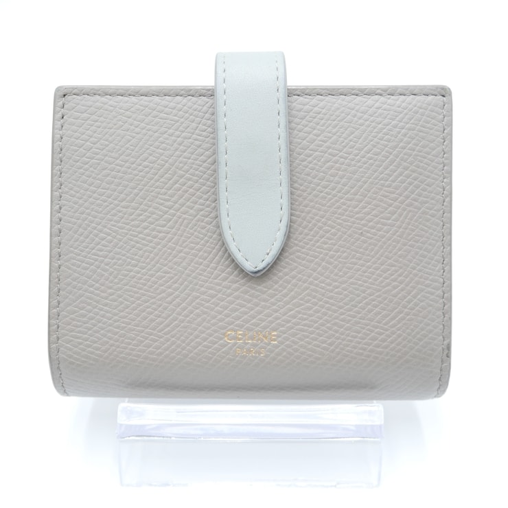 CELINE(セリーヌ)スモール ストラップウォレット 二つ折り財布 ペブル×ミネラル レザー ゴールド金具 10H263BRU レディース【中古】
