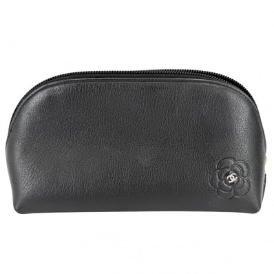 CHANEL シャネル ポーチ カメリア ココマーク 小物入れ レザー ブラック 黒 シルバー金具 レディース【中古品】
