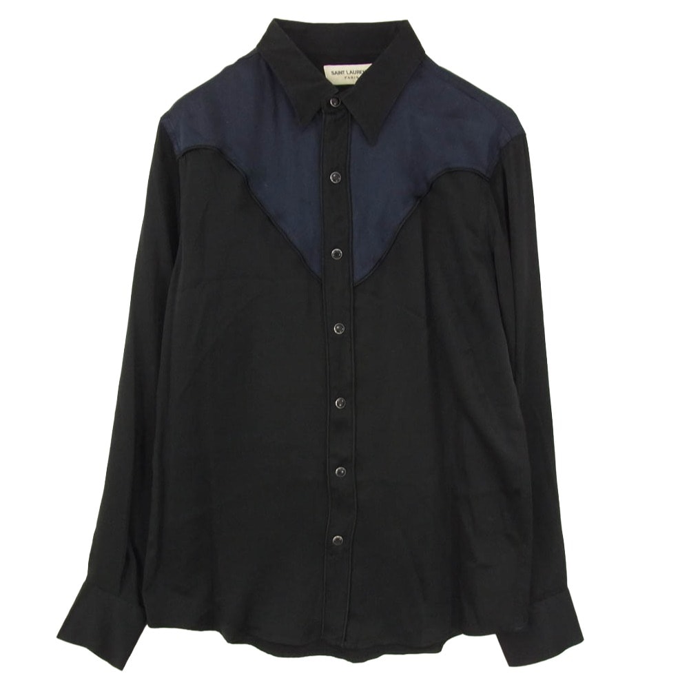 SAINT LAURENT サンローラン 16SS 432842 Y933M Hedi Slimane Archive エディ期 WESTERN PIPING SHIRT ウエスタン シルク  パイピング 長袖シャツ ネイビー系 ブラック系 M【美品】【中古】