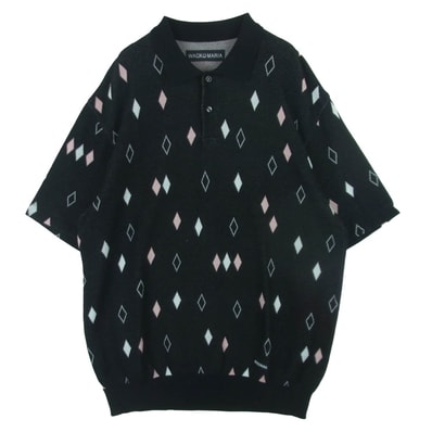 WACKO MARIA ワコマリア 25SS DIAMOND JACQUARD KNIT POLO SHIRT ダイアモンド ジャカード ニット ポロシャツ 半袖 スキッパー シャツ ブラック系 ピンク系 ホワイト系 L【中古】