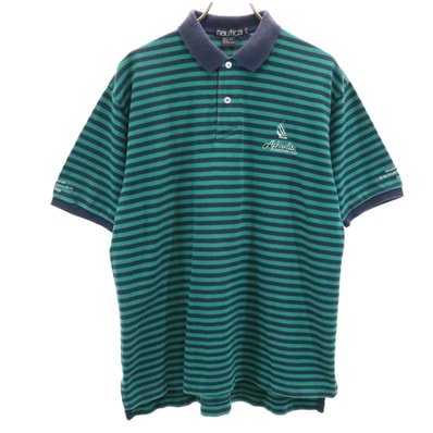 NAUTICA ノーティカ 90s 日本製 オールド ボーダー柄 半袖 ポロシャツ L グリーン 鹿の子