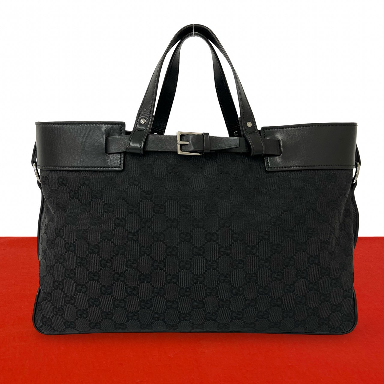 GUCCI グッチ GG ロゴ 柄 キャンバス レザー トートバッグ ブラック
 416-8