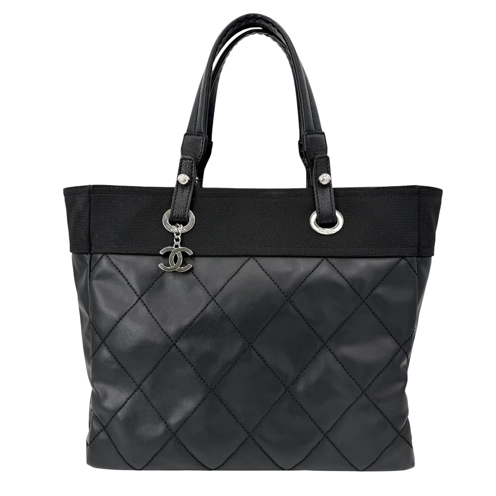 CHANEL シャネル トートバッグ パリビアリッツMM ハンドバッグ ココマーク PVCコーティングキャンバス レザー ブラック 黒 シルバー金具 レディース【中古品】