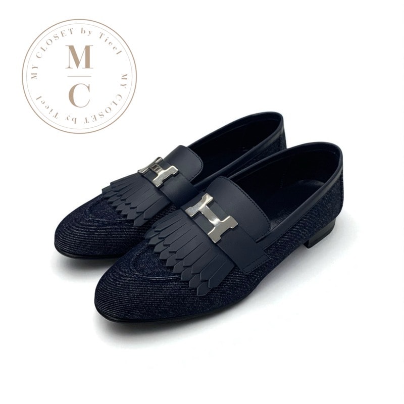 エルメス HERMES ロワイヤル ローファー 革靴 靴 シューズ デニム レザー ネイビー シルバー H金具 フリンジ モカシン フラットシューズ