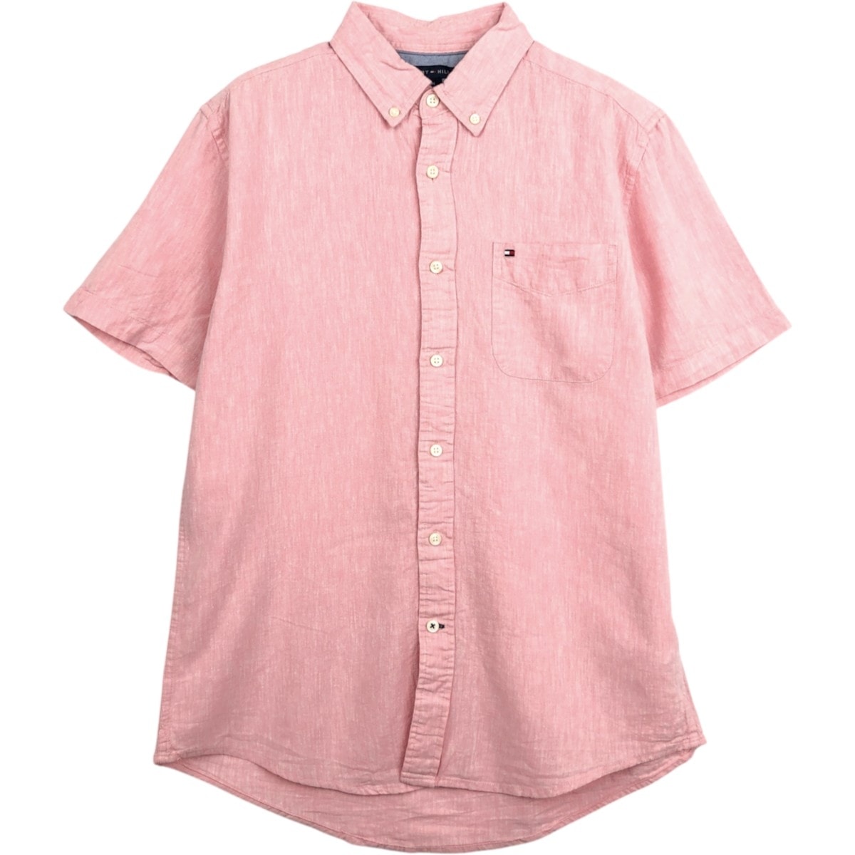 古着 トミーヒルフィガー TOMMY HILFIGER CUSTOM FIT 半袖 リネン×コットン ボタンダウンシャツ メンズM相当/eaa668137