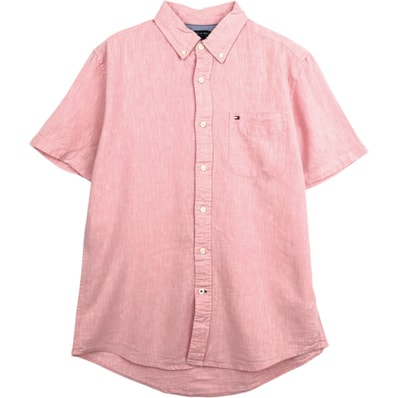 古着 トミーヒルフィガー TOMMY HILFIGER CUSTOM FIT 半袖 リネン×コットン ボタンダウンシャツ メンズM相当/eaa668137