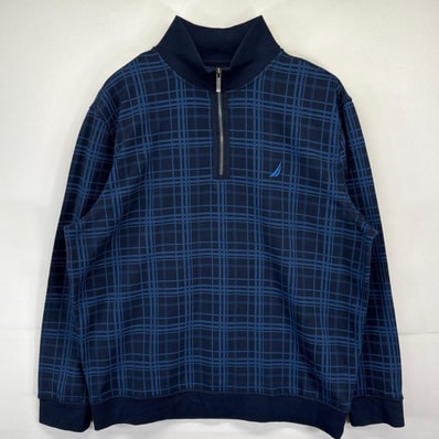 古着 ノーティカ NAUTICA スウェット 大きいサイズ ハーフジップ チェック柄 プルオーバー ワンポイントロゴ刺繍 2XL ネイビー メンズ
