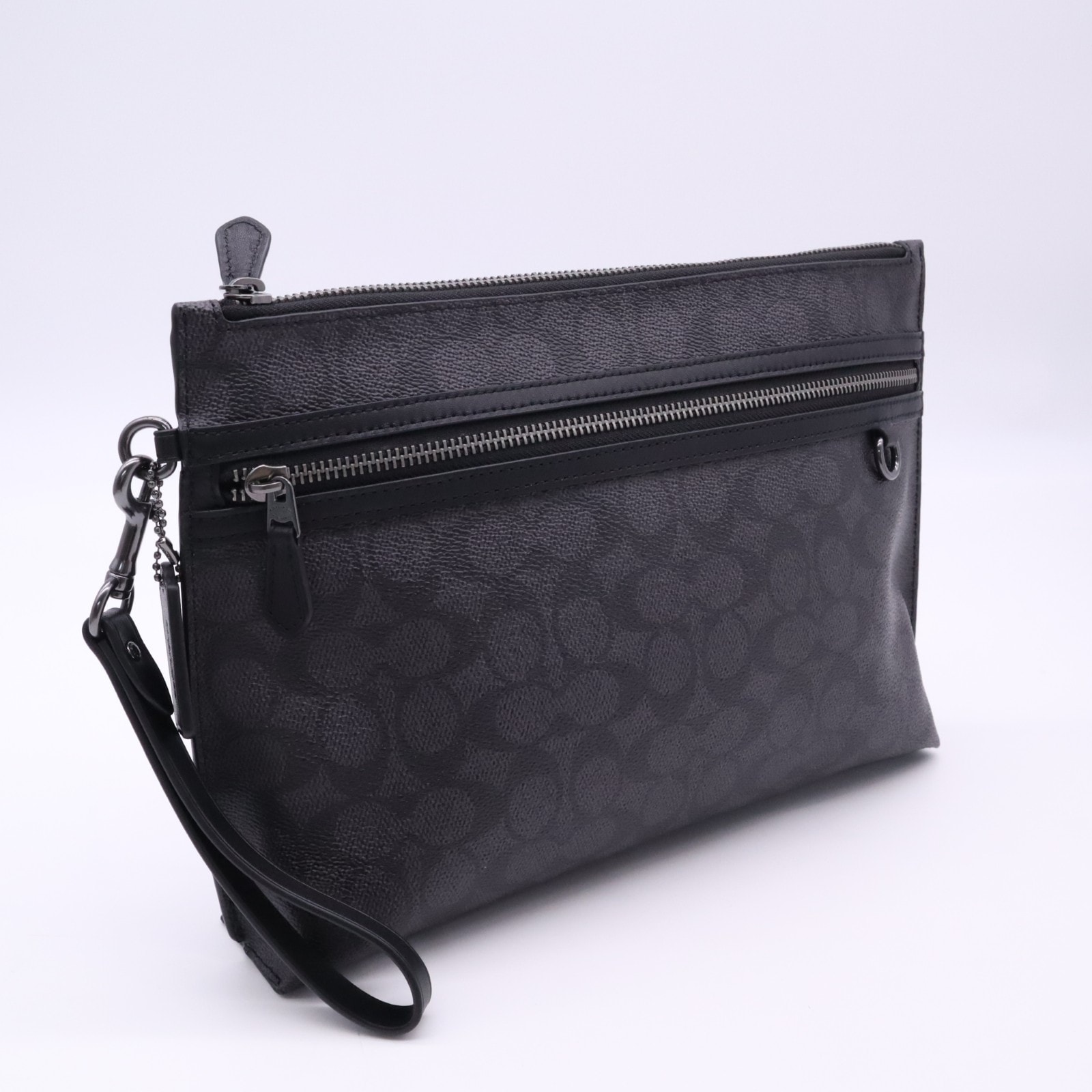 美品 COACH コーチ コーティングキャンバス キャリー オール ポーチ L2580 クラッチバッグ ブラック グレー コーティングキャンバス メンズ