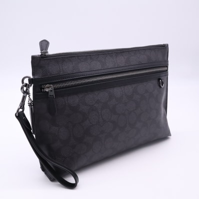 美品 COACH コーチ コーティングキャンバス キャリー オール ポーチ L2580 クラッチバッグ ブラック グレー コーティングキャンバス メンズ