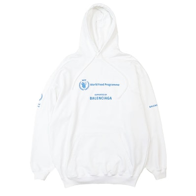 【美品】 バレンシアガ 2022年製 フーディー World Food Programme WFP ロゴ プリント ドロップショルダー コットン100% パーカー ユニセックス ホワイト XS BALENCIAGA