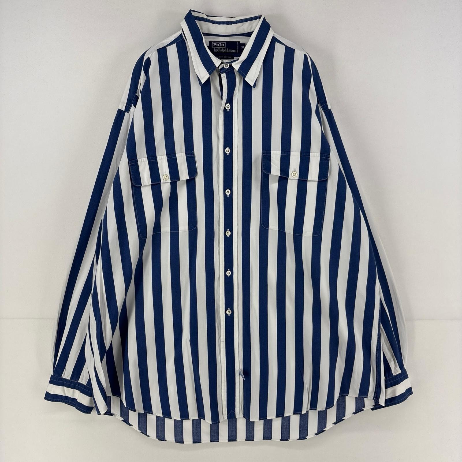 古着 80's/80年代 ポロバイラルフローレン Polo by Ralph Lauren 長袖シャツ 胸ポケット ツートンカラー XL ブルー系 ストライプ メンズ