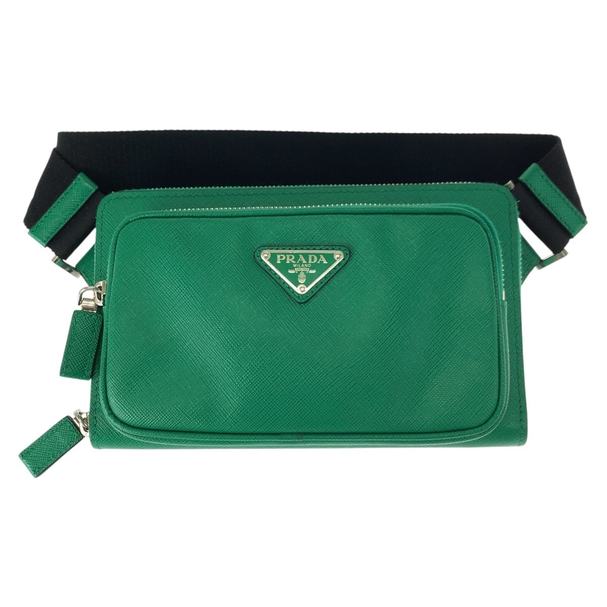 美品 PRADA プラダ サフィアーノ 三角ロゴプレート グリーン ブラック シルバー金具 レザー ボディバッグ ウエストバッグ バムバッグ 600003 【中古】