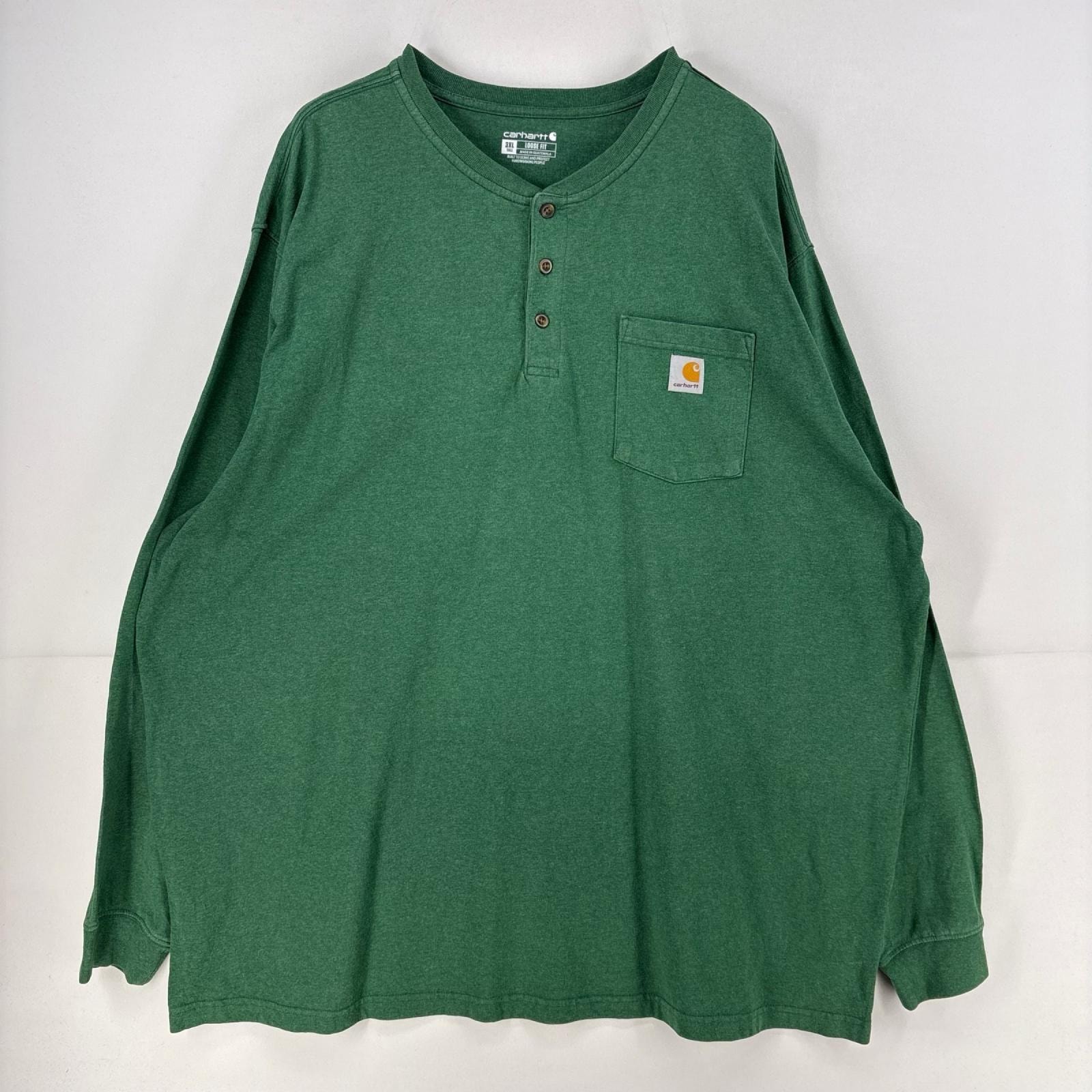 古着 カーハート Carhartt 長袖Tシャツ ワンポイント 胸ポケット ヘンリーネック 大きいサイズ 3XL  グリーン メンズ