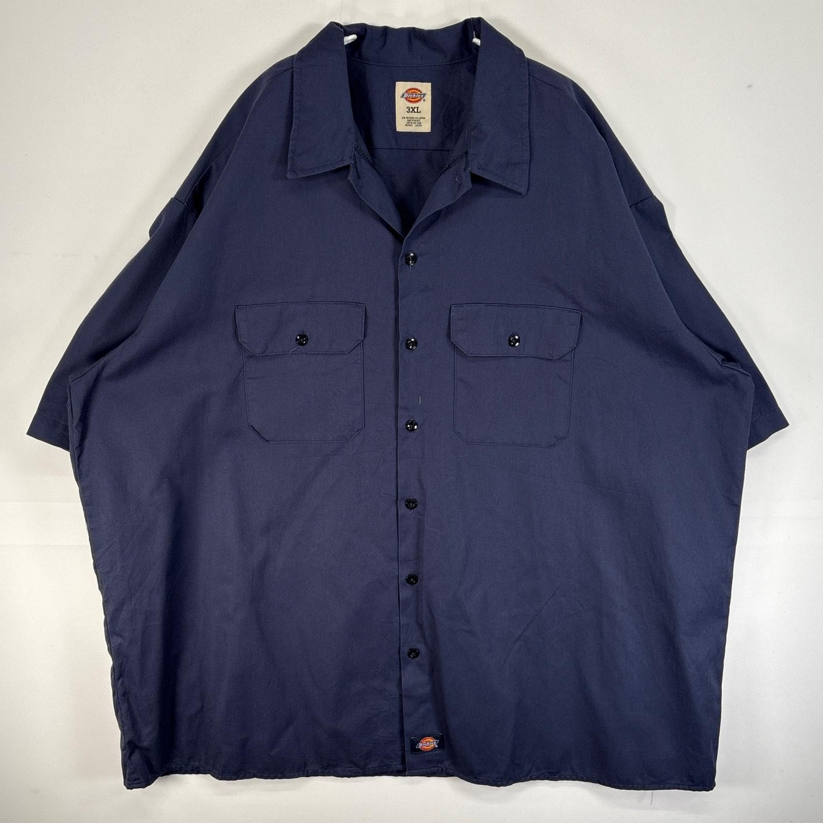 古着 ディッキーズ Dickies 半袖シャツ ワーク 作業着 フラップポケ 大きいサイズ フェード ワンポイント ロゴ 3XL  ネイビー 無地 メンズ