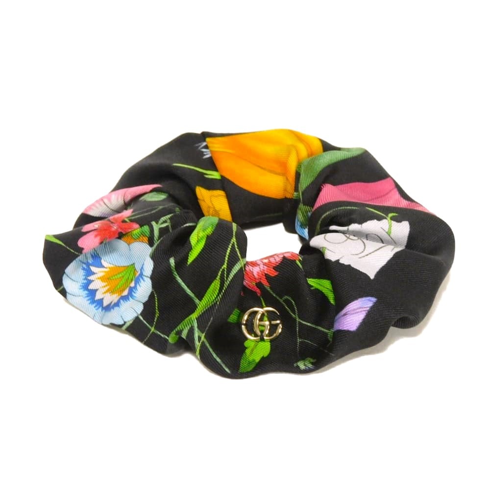 GUCCI グッチ フローラル プリントツイル シュシュ ダブルG フラワー 花柄 マルチカラー 未使用 GGマーモント シルク ブラック ヘアピン 831629 3G001 1060