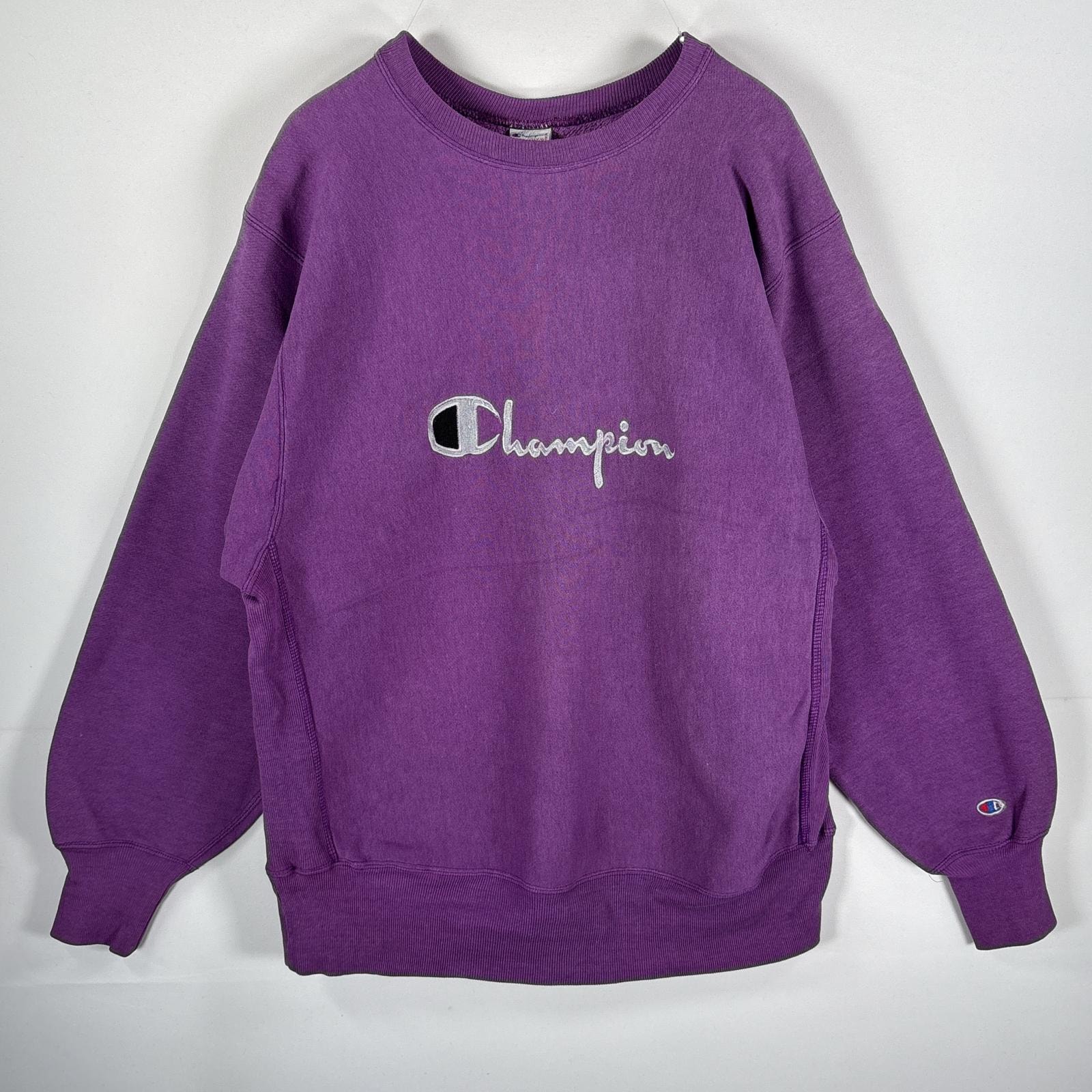 古着 90's/90年代 チャンピオン Champion USA製 スウェット リバースウィーブ 刺繍プリント クルーネック 厚手 L パープル メンズ